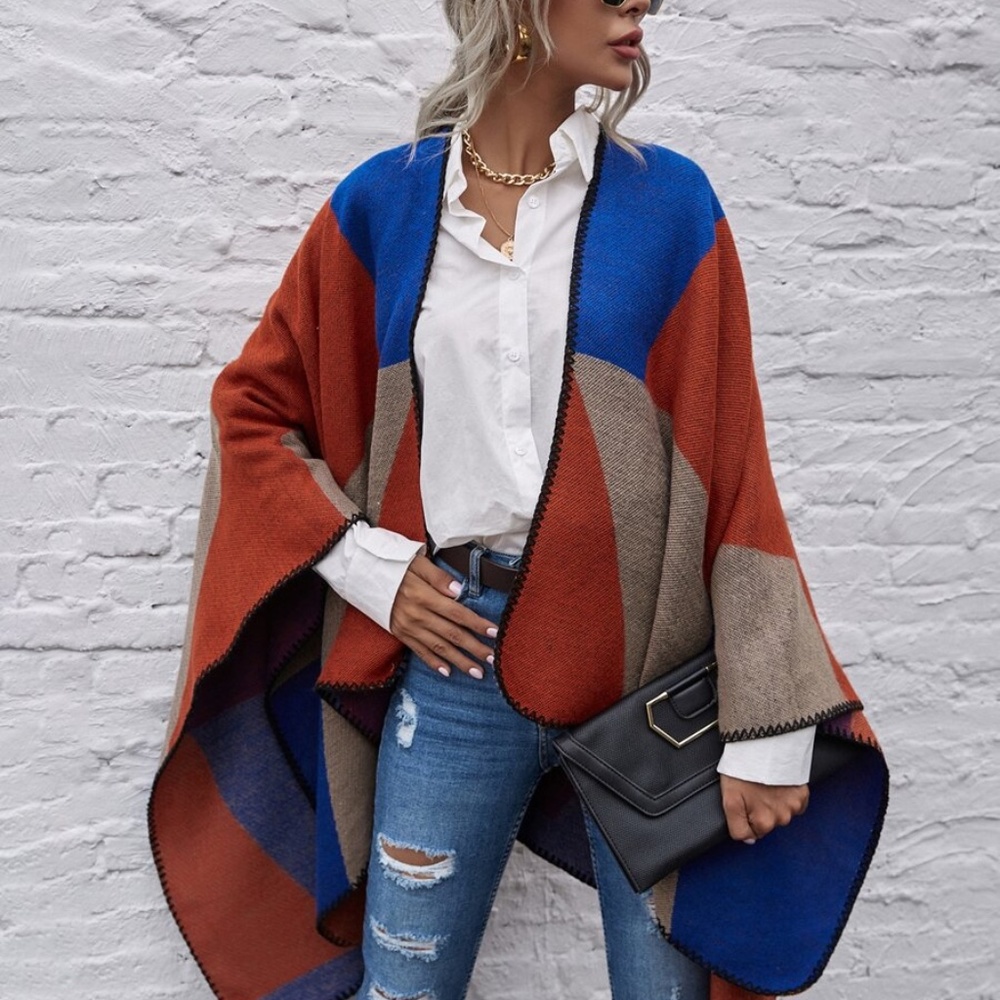 fall color block open front kimono poncho cardigan - Picture 3 of 11